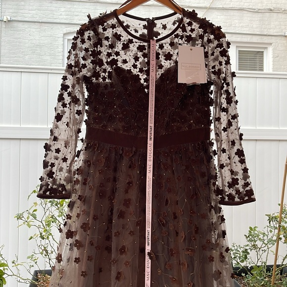 Mac Duggal - Brown Embellished Illusion High Neck Long Sleeve Fit & Flare Dress - Picture 6 of 17